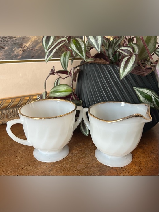 Fire King Other - Vintage Fire King White Milk Glass Swirl Sugar Bowl and Creamer